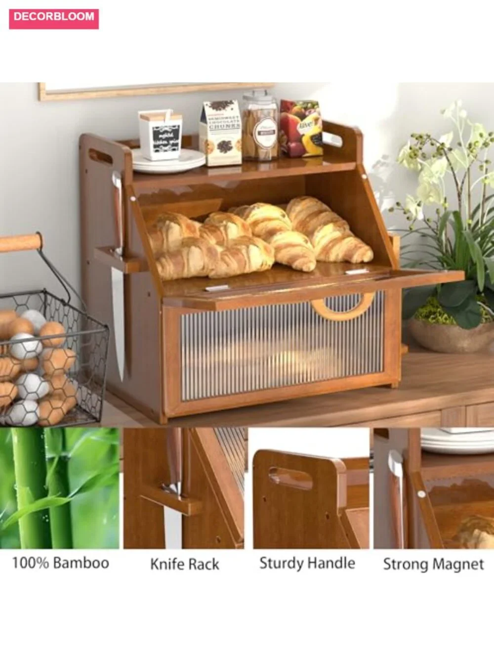 Vintage Wooden Farmhouse Bread Box with Acrylic Window, Double Layer Storage